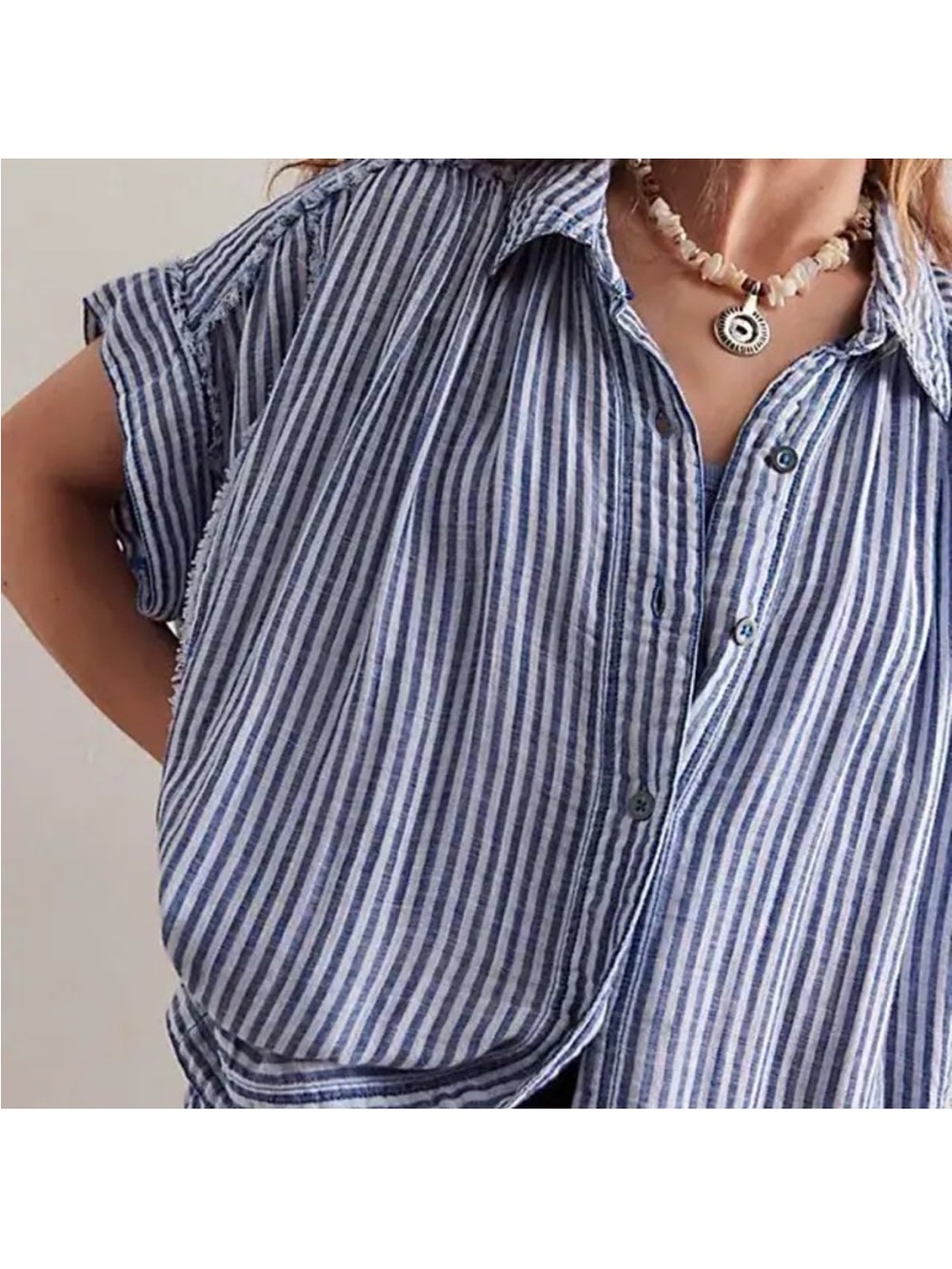 We The Free Sun Beams Indigo Stripe Button Down Shirt Size M